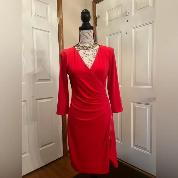 open lace back dress Linen & Cotton Blend Red Midi Wrap Dress - All Dresses